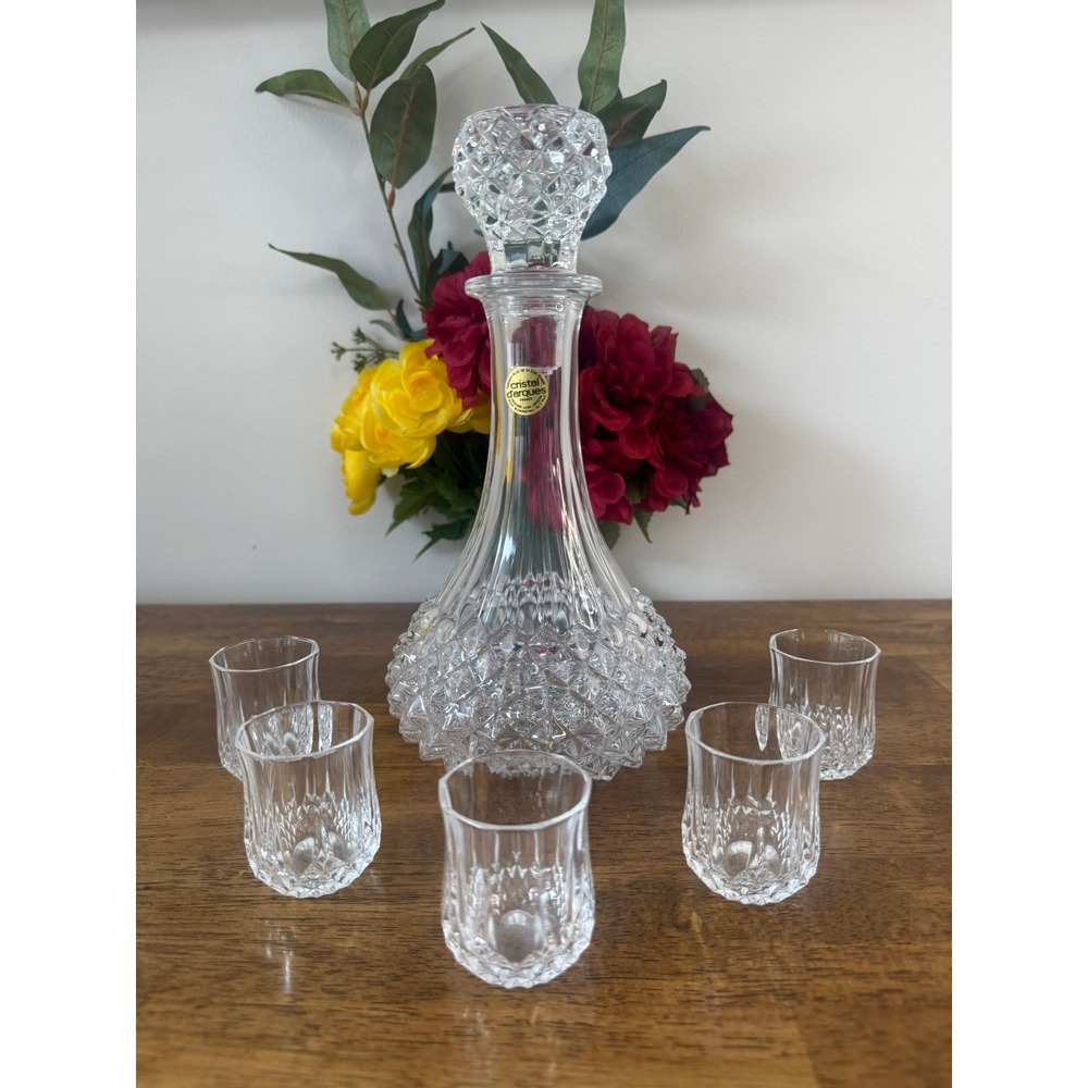 Cristal d Arques Crystal Decanter Set France Diamond Cut Liquor Set 5 Glasses - Picture 3 of 13